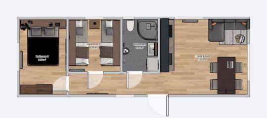 House plan 3.5m x 10m with furniture - Living Room with Kitchen, Bathroom, 2 Bedrooms